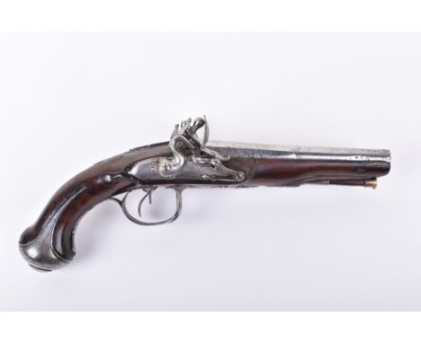 French Double Barrelled 30 Bore Flintlock Holster Pistol c.1800, rounded locks, bridled pans, iron furniture including longsp