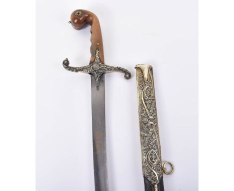 ^ Fine Ottoman Turkish Sword Shamshir, mid-19th century, curved single edge blade with fine dark watering inlaid with 2 gold 