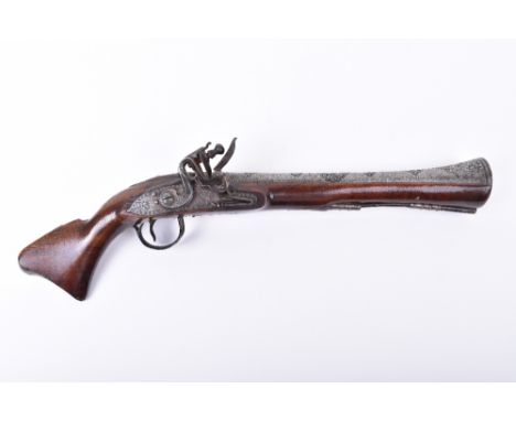 Good Quality Persian Flintlock Blunderbuss Pistol, early 19th century, flared damascus twist barrel finely chiselled with car