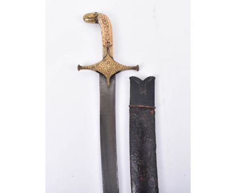 ^ Good Indian Sword Shamshir, early 19th century, curved single edge watered steel blade of Indian Qum pattern, iron crosspie