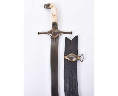 ^ Good Indian Sword Shamshir, early 19th century, curved single edge wootz steel blade with the ‘Indian ricasso’, iron crossp