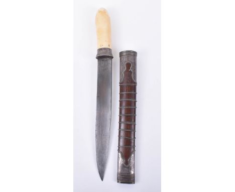 ^ Good Burmese Dagger Dha, 19th century, swollen single edge hollow ground blade tapered towards the tip, one piece ivory gri