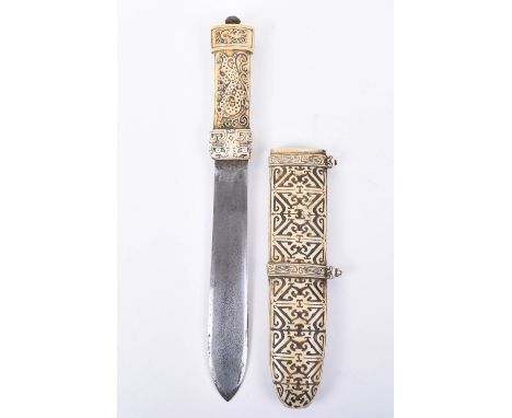 ^ Good Quality and Very Unusual Chinese Carved Ivory Dagger, 19th Century or Earlier, straight swollen double edge blade, ivo