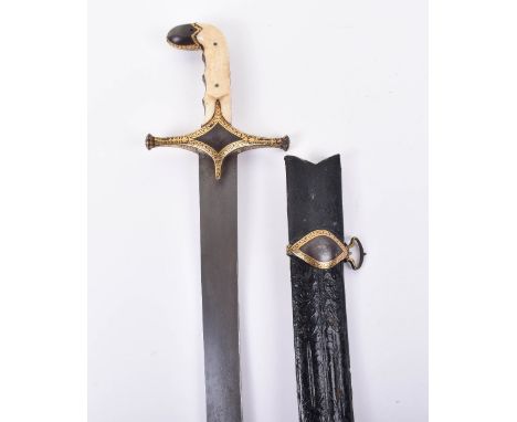 ^ Good Indian Sword Shamshir Late-18th Century, heavy broad curved single edge blade of Kirk Narduban watering and forged wit