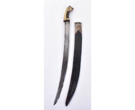 Rare and Unusual Chinese Short Sword, Late 18th Century, curved single edge blade cut with a single narrow fuller, brass hilt