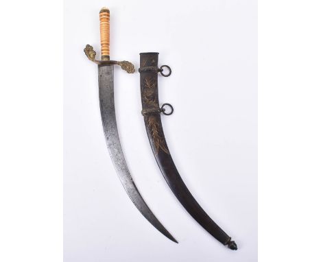 ^ Georgian Naval Officer’s Dirk, curved single edge blade etched with panels containing trophy of arms and laurel, and flower