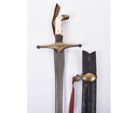 Fine Indian Sword Shamshir, early 19th century, broad curved single edge watered steel blade cut with a broad fuller and gold