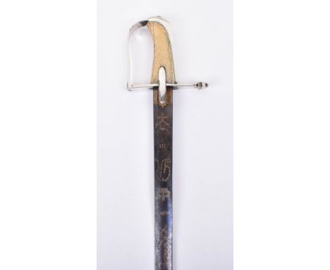 ^ Fine Georgian Naval or Infantry Officer’s Silver Hilt Sword c.1770-80, straight single edge blade gilt etched with crowned 