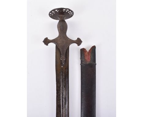 Unusual Indian Sword Tulwar with Pierced Iron Pommel, 17th Century, broad straight single edge Firangi blade cut with 3 narro