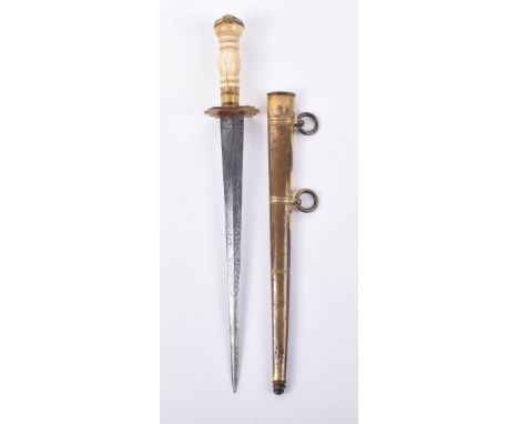 ^ Good Georgian Naval Officer’s Dirk, shallow diamond section tapered blade etched with crossed lances, laurel and flowering 
