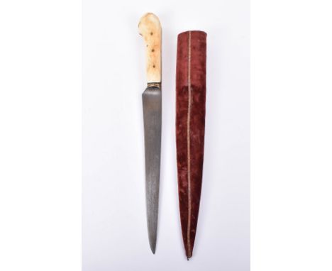 ^ Indian Dagger Kard, Probably Hyderabad, finely patterned single edge wootz blade, gold inlaid along the back edge with the 