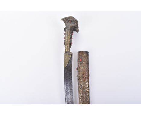 Unusual Turkish Brass Hilt Sword Yataghan, recurved single edge blade with good quality silver inlaid full length inscription