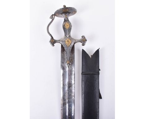 Indian Sword Kirach, 18th Century, straight single edge polished firangi blade with false edge and cut with a pair of shallow