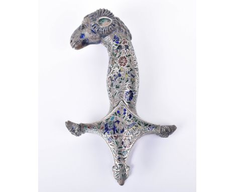 Large and Fine Quality Lucknow Enamel Silver Sword Hilt, first half of the 19th century, prominent ram’s head pommel and pair