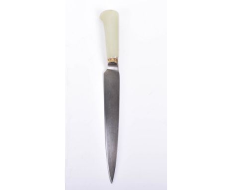 Indian Jade Hilt Dagger Kard, 19th century, single edge blade of watered steel, gold damascened at the bolster with flowering