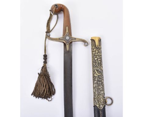 ^ Fine Ottoman Turkish Sword Shamshir, mid-19th century, curved single edge blade with fine dark watering, silver gilt mounts