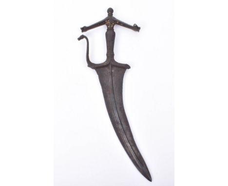 Rare Indian Mughal All-Iron Dagger Khanjar c.1620, curved double edge blade with raised central rib, integral hilt comprising