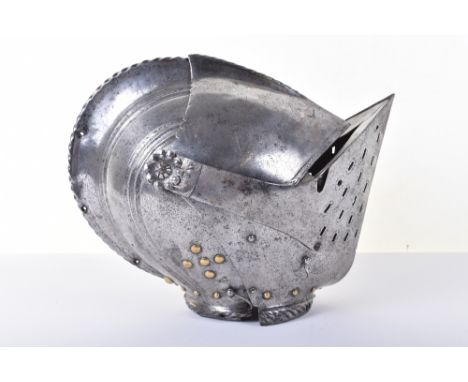 Rare Composite South German Close Helmet c.1540, fluted skull etched with bands of foliage against a granulated ground within