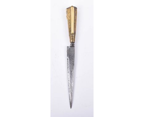 Corsican Vendetta Dagger, late 19th century, tapered single edge blade etched overall, and with MEMENTO MORI on back edge, ta