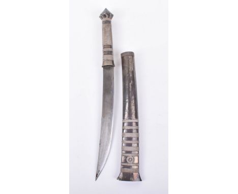 Burmese Silver Mounted Dagger Dha c.1900, slightly curved single edge blade, hilt and sheath covered with sheet silver and fi