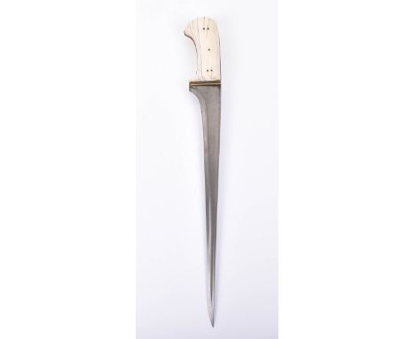 ^ Unusually Large Indian Dagger Pesh Kabz, T-section wootz steel blade etched along the back edge with an inscription in Arab