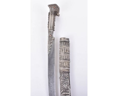 ^ Good Turkish Silver Mounted Sword Yataghan, recurved single edge blade silver inlaid with several inscriptions (not transla