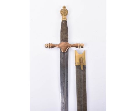 Large Sword of Knighthood c.1800, broad double edge blade cut with a single central fuller, gilt brass mounts comprising cros