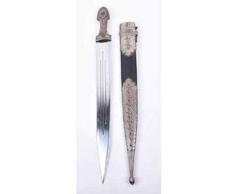 Large Russian Dagger Kindjal, broad straight double edge blade cut with 3 fullers, silver plated copper hilt and large scabba