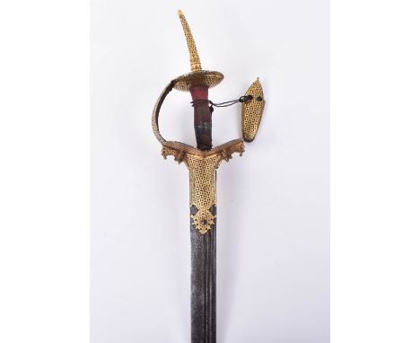 Fine Indian Sword Firangi, 18th Century, straight single edge European blade with false edge cut with 3 narrow fullers, iron 