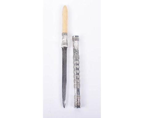 ^ Silver Mounted Burmese Dagger Dha, 19th century, slender single edge blade, polygonal ivory hilt with matching silver ferul