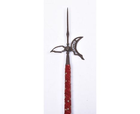 Italian Halberd, 17th Century, iron head with square-section top spike swollen at base, pierced rear spike and crescent-shape