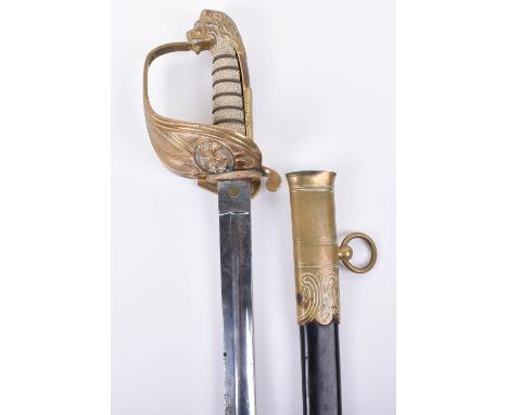 Late Victorian British Naval Officer’s Dress Sword, fullered blade etched with crowned fouled anchor and royal arms amidst fo