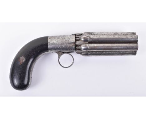 6 Shot 100 Bore Belgian J.J. Herman Patent Self-Cocking Ring Trigger Percussion Pepperbox Revolver, turn off damascus twist b