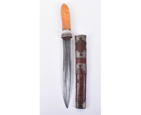 ^ Good Burmese Dagger Dha, 19th century, swollen single edge hollow ground blade tapered towards the tip and cut with multipl