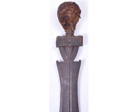 ^ Good Congolese Poto Tribal Knife, 19th century, broad double edge blade swollen towards the tip with incised decoration, su