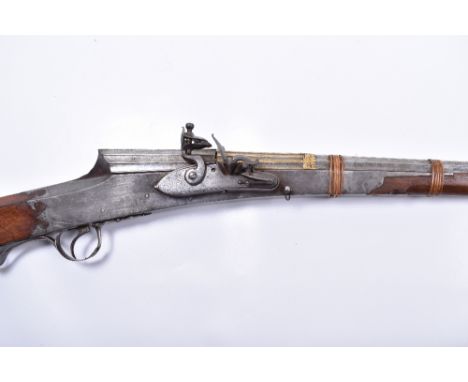 Good 28-Bore Indian Flintlock Gun Torador, first third of the 19th century, fine octagonal damascus twist barrel with gold in