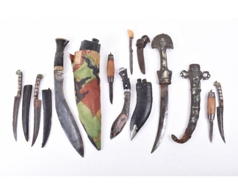 3x Assorted Indian Daggers Pesh Kabz, each with grips made from sections of mother of pearl and jade pommels, 2 in sheaths; a