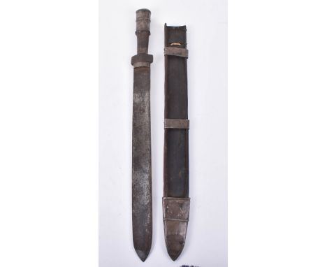 Bhutanese Short Sword, 19th century, broad heavy single blade, wooden hilt with silver pommel and ferule, in its open-fronted