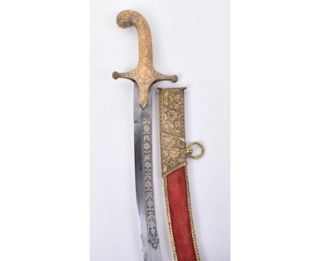 Good Indian Sword Shamshir from Kutch, mid-19th century, curved single edge blade with a panel of thickly silver damascened f