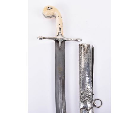 ^ Large Ottoman Silver Mounted Sword Shamshir, mid-19th century, broad curved single edge Persian watered steel blade cut wit