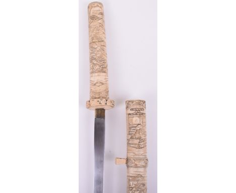 Japanese Carved Bone Sword Katana, untampered blade, hilt and scabbard made from bone sections each nicely carved in relief w