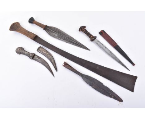 Naga Sword Dao, swollen single edge blade, flared wooden hilt with bamboo binding; Syrian dagger jambya, iron sheath and hilt