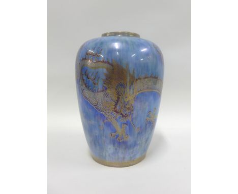 Wedgwood Fairy land lustre vase by Daisy Makeig Jones, with a dragon and pearl of wisdom pattern against a powder blue ground