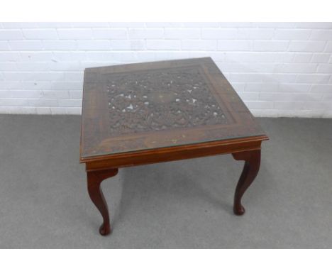 Eastern hardwood coffee / lamp table with pierced top with brass inlay and glass cover, 77 x 56 x 77cm 