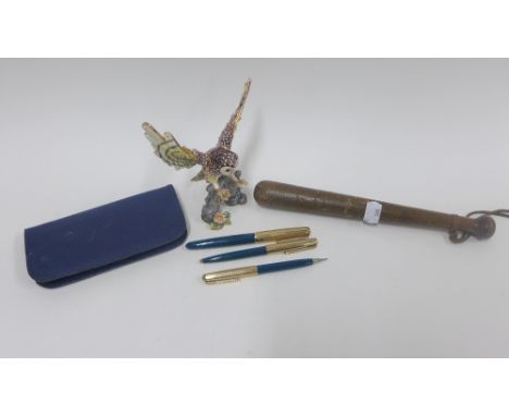 Mixed lot to include a small truncheon, Parker pens and an owl trinket box (a lot) 