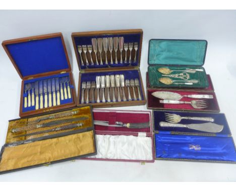 Carton containing a quantity of Epns cased flatware to include berry spoons and mother of pearl handled fish servers etc (a l