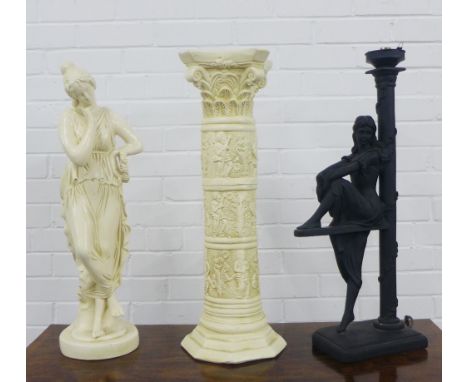 Modern black basalt style table lamp base together with a painted plaster column and classical female figure, tallest 65cm (3