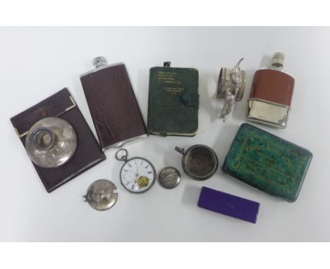 Mixed lot to include hip flasks, pocket watch, napkin ring and a vintage Jenner's Edinburgh tin, etc (a lot) 