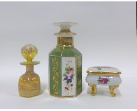 Continental porcelain octagonal scent bottle and stopper together with an art glass cent bottle and a Limoges trinket box,  t