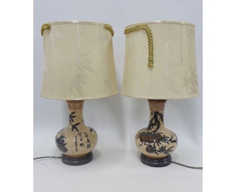 A pair of pottery table lamp bases with shades, (2) 